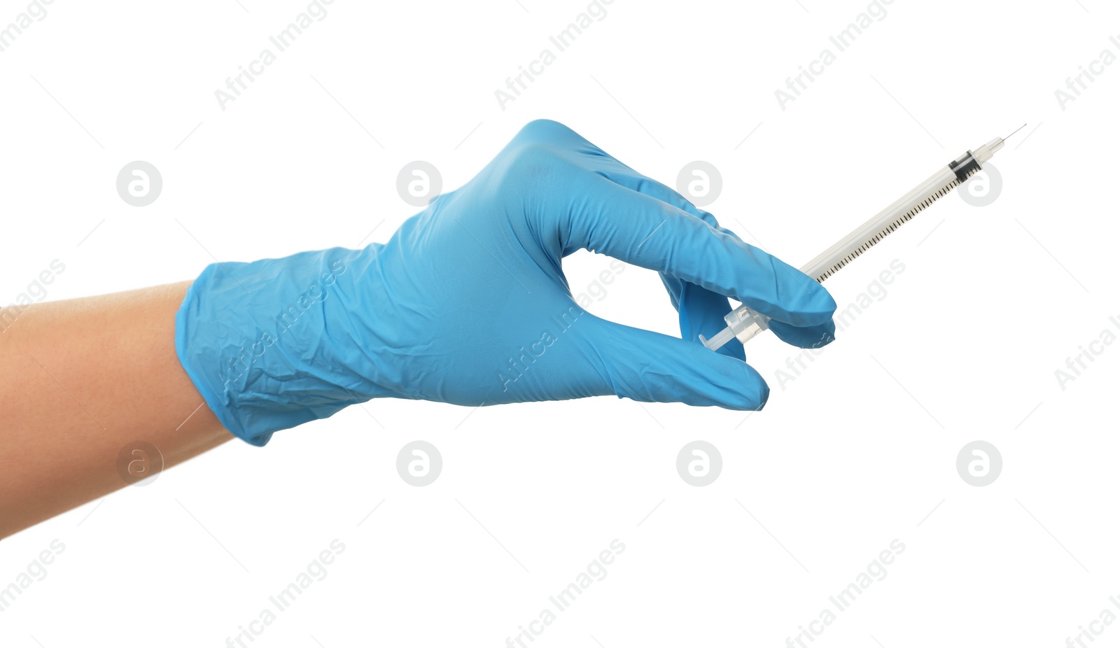 Photo of Doctor holding medical syringe on white background, closeup