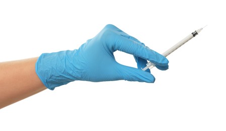 Doctor holding medical syringe on white background, closeup