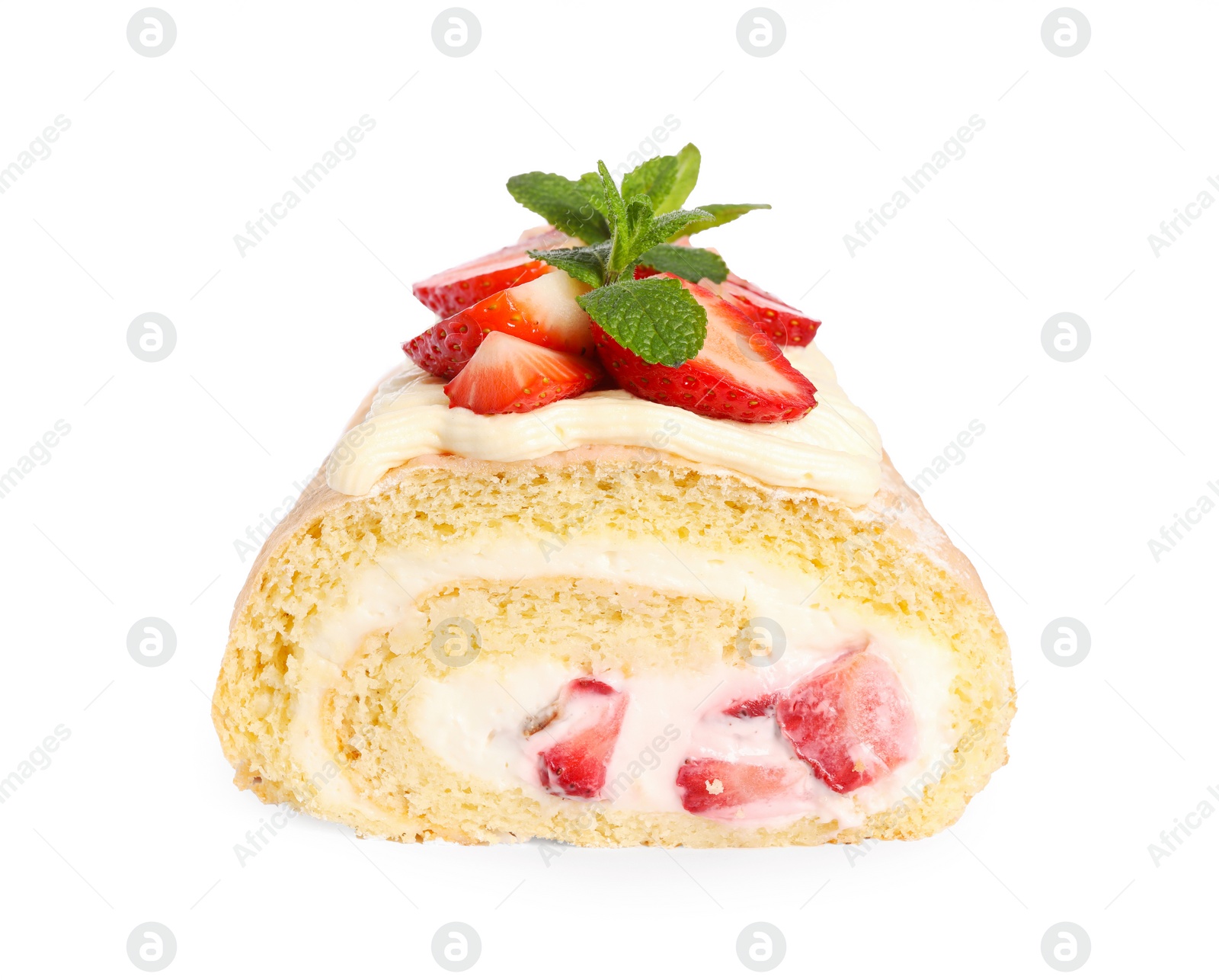 Photo of Delicious cake roll with strawberries and mint isolated on white