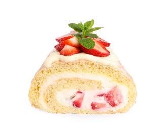 Photo of Delicious cake roll with strawberries and mint isolated on white