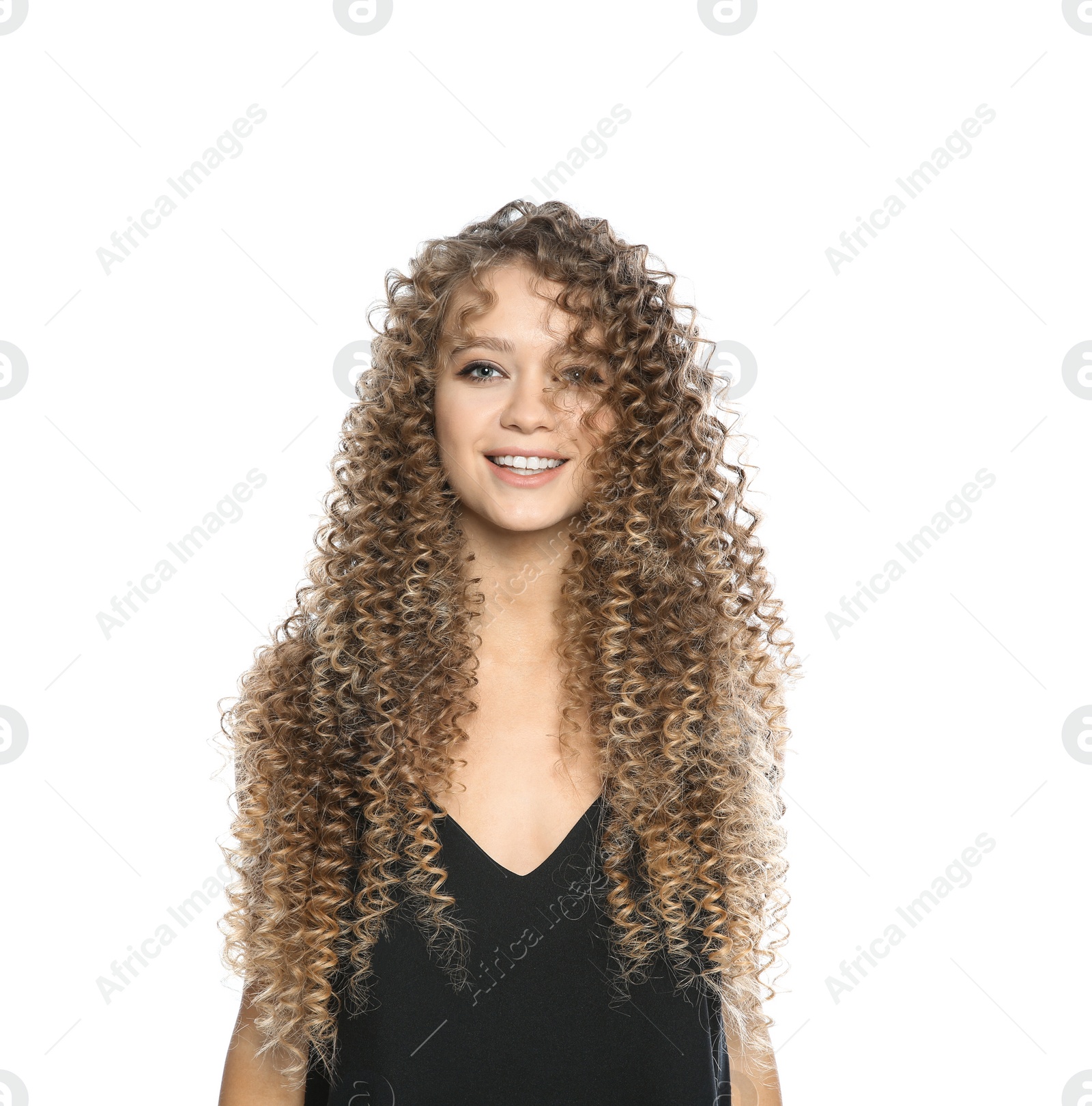 Photo of Portrait of beautiful young woman with shiny wavy hair on white background