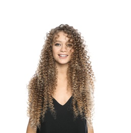 Photo of Portrait of beautiful young woman with shiny wavy hair on white background