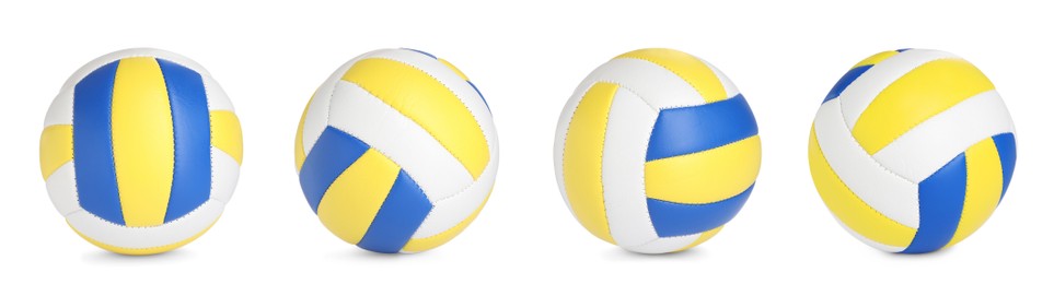 Image of Set with leather volleyball balls on white background. Banner design