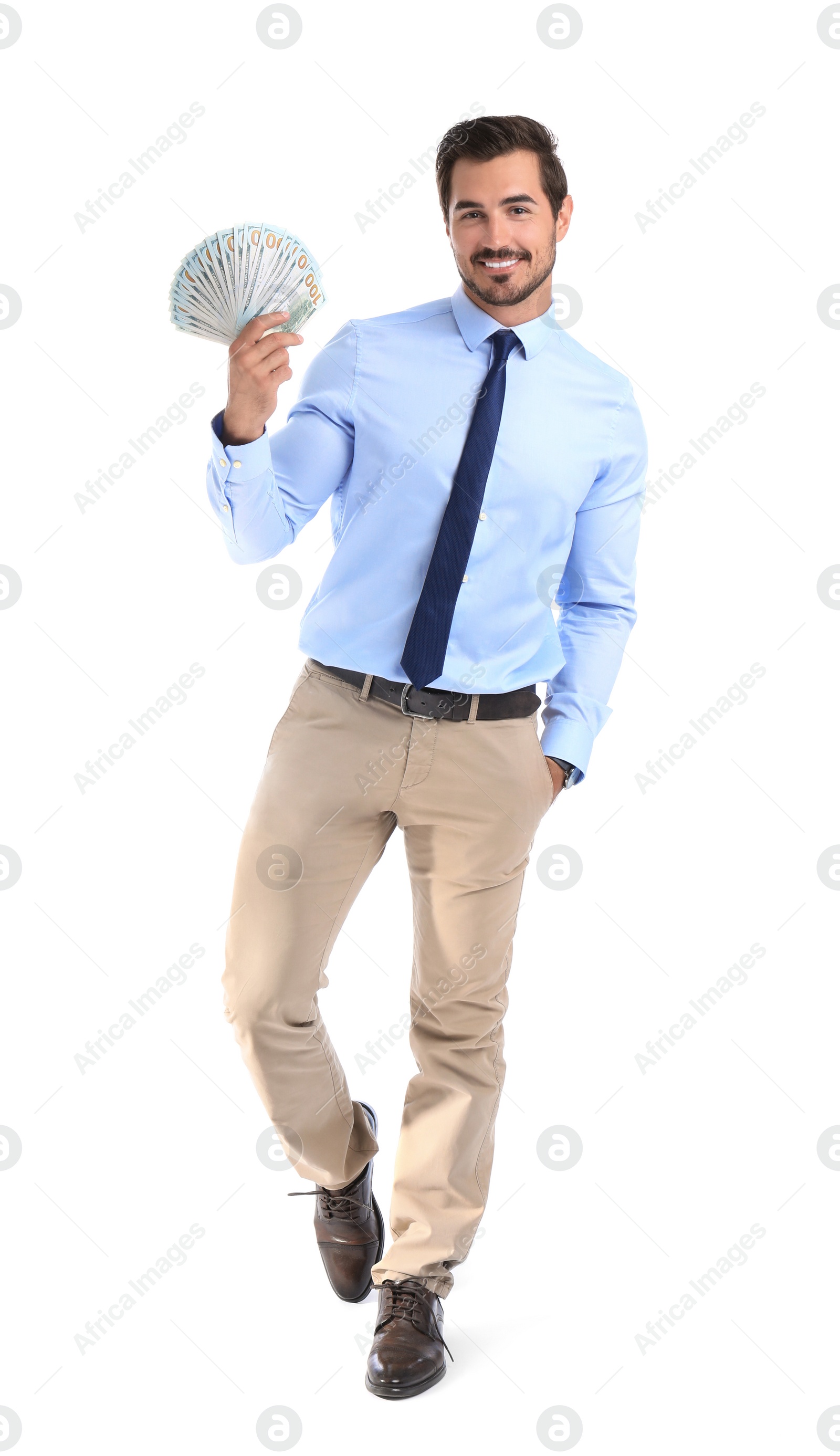 Photo of Handsome businessman with dollars on white background