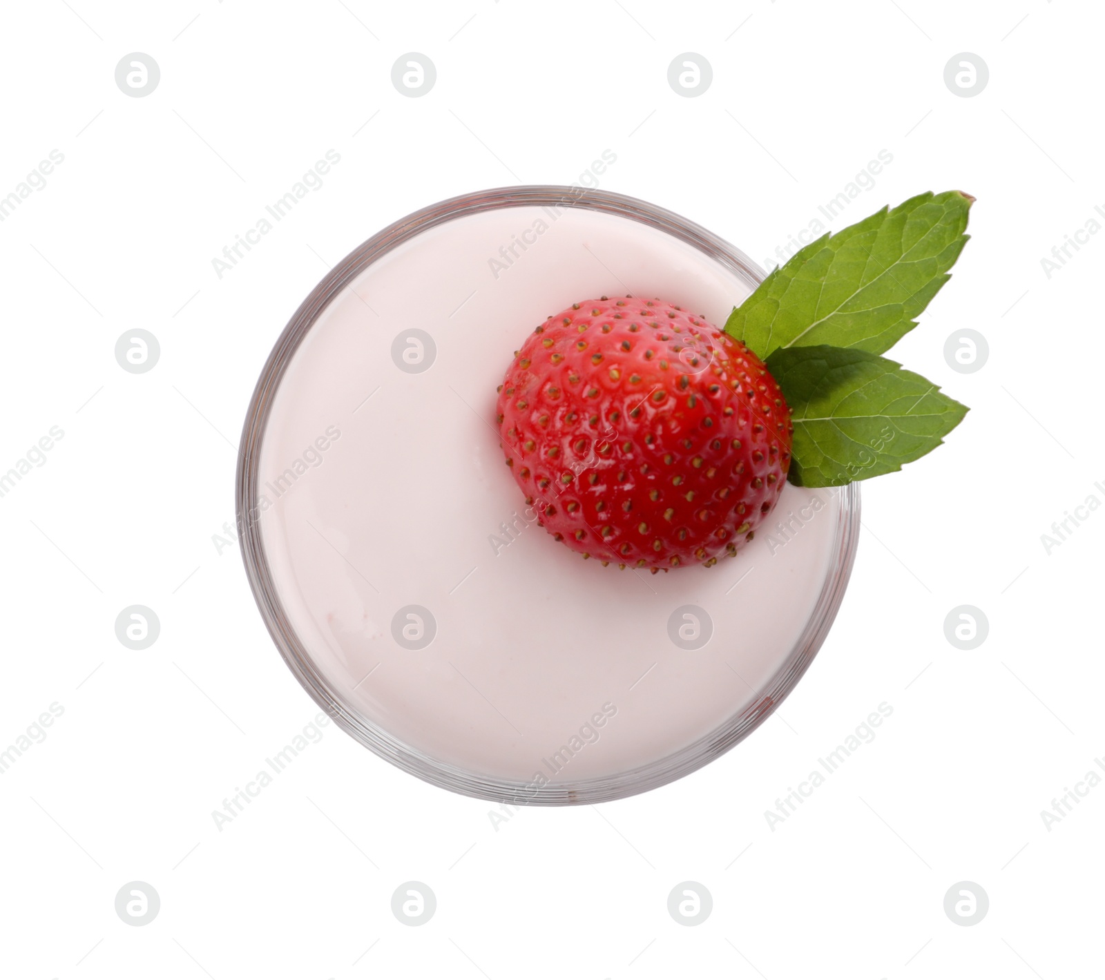 Photo of Glass of tasty yogurt with strawberry isolated on white, top view