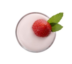 Photo of Glass of tasty yogurt with strawberry isolated on white, top view