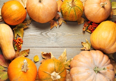 Flat lay composition with different ripe pumpkins on wooden background, space for text. Holiday decoration