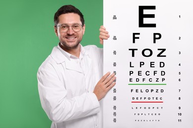 Image of Ophthalmologist with vision test chart on green background