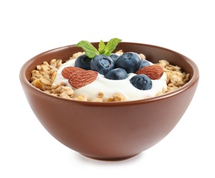 Photo of Bowl of tasty oatmeal with blueberries, yogurt and almond on white background