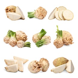 Image of Whole and sliced celery roots isolated on white, collage design