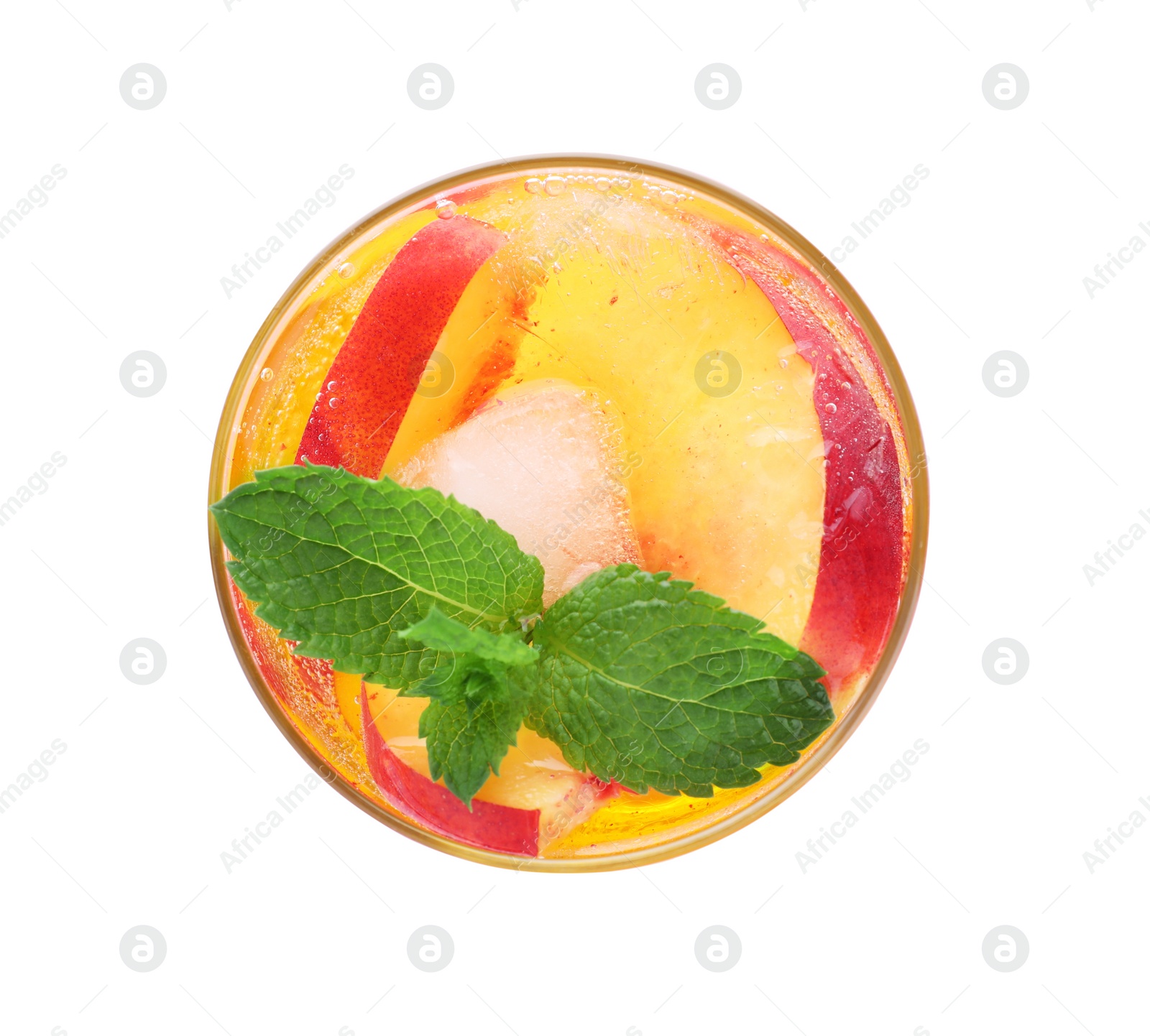 Photo of Delicious peach lemonade made with soda water isolated on white, top view