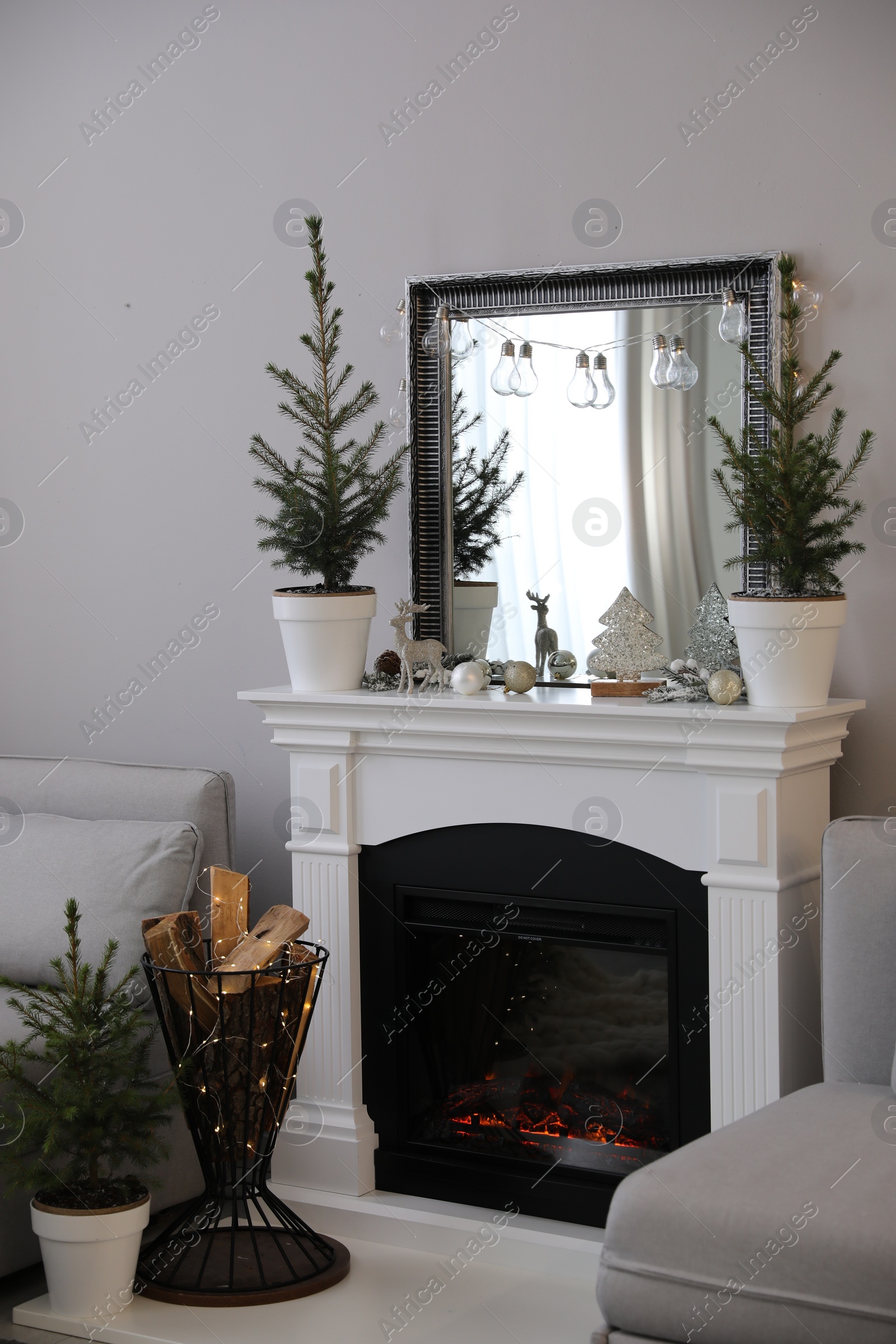 Photo of Stylish living room interior with little fir trees and Christmas decorations