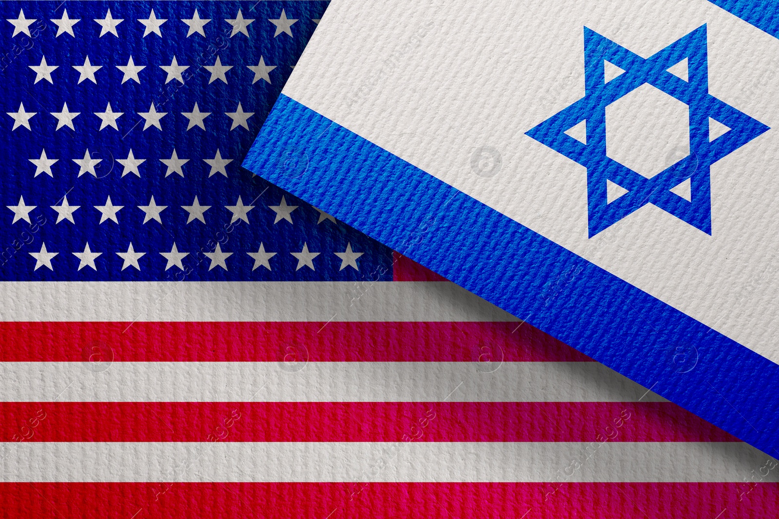 Image of International relations. National flags of Israel and USA on textured surface