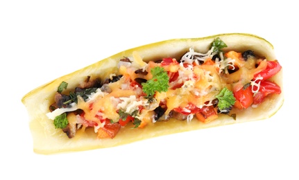 Photo of Delicious baked stuffed zucchini on white background, top view