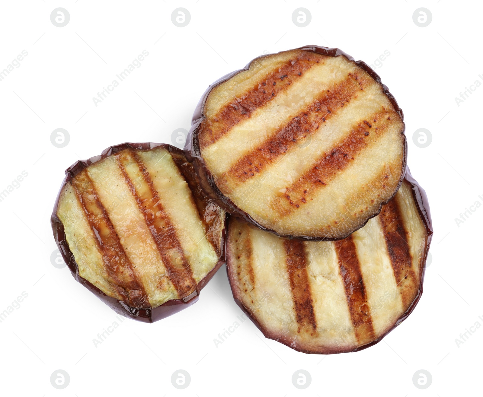 Photo of Delicious grilled eggplant slices on white background, top view