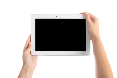 Woman holding tablet with blank screen on white background. Mockup for design