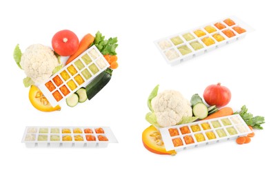 Set with different frozen puree in ice cube trays and ingredients on white background