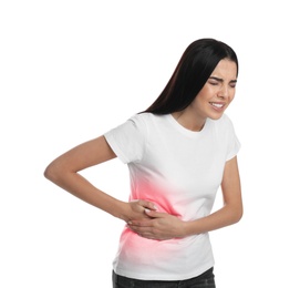 Photo of Woman suffering from liver pain on white background