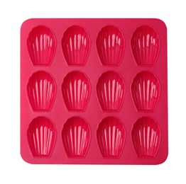 Photo of Red baking mold for madeleine cookies isolated on white, top view