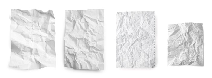 Image of Set with crumpled paper sheets on white background, top view. Banner design