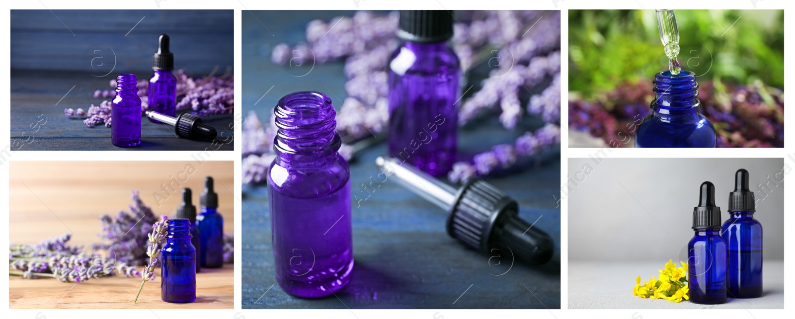 Image of Collage of different photos with essential oils and flowers. Banner design