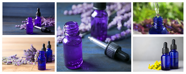 Image of Collage of different photos with essential oils and flowers. Banner design