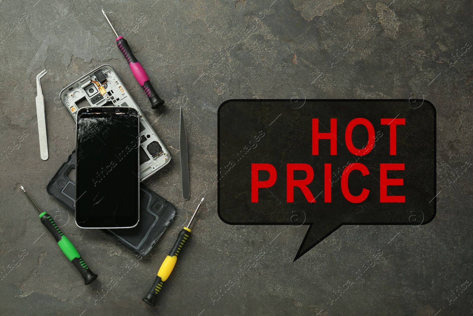 Image of Smartphone repairing by hot price. Damaged mobile phone and tool set on grey table, flat lay