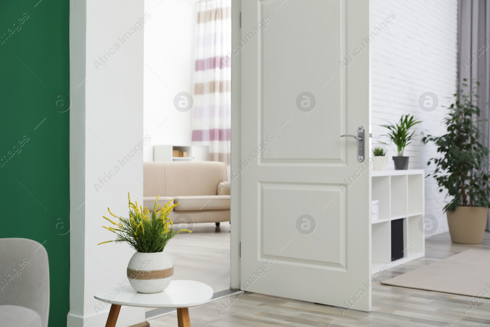 Photo of Living room interior with stylish furniture and open door