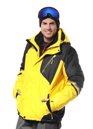 Man wearing stylish winter sport clothes on white background