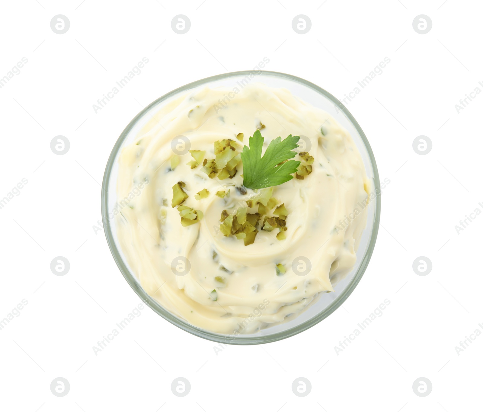 Photo of Tartar sauce in bowl isolated on white, top view