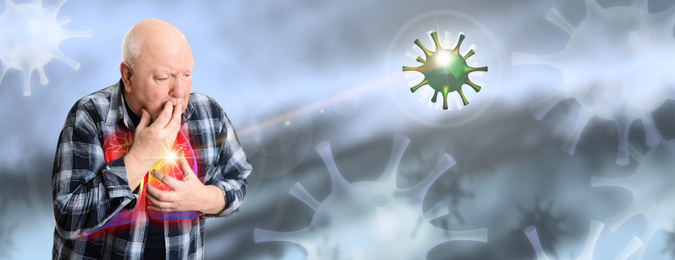 Respiratory virus affecting senior man on blurred background