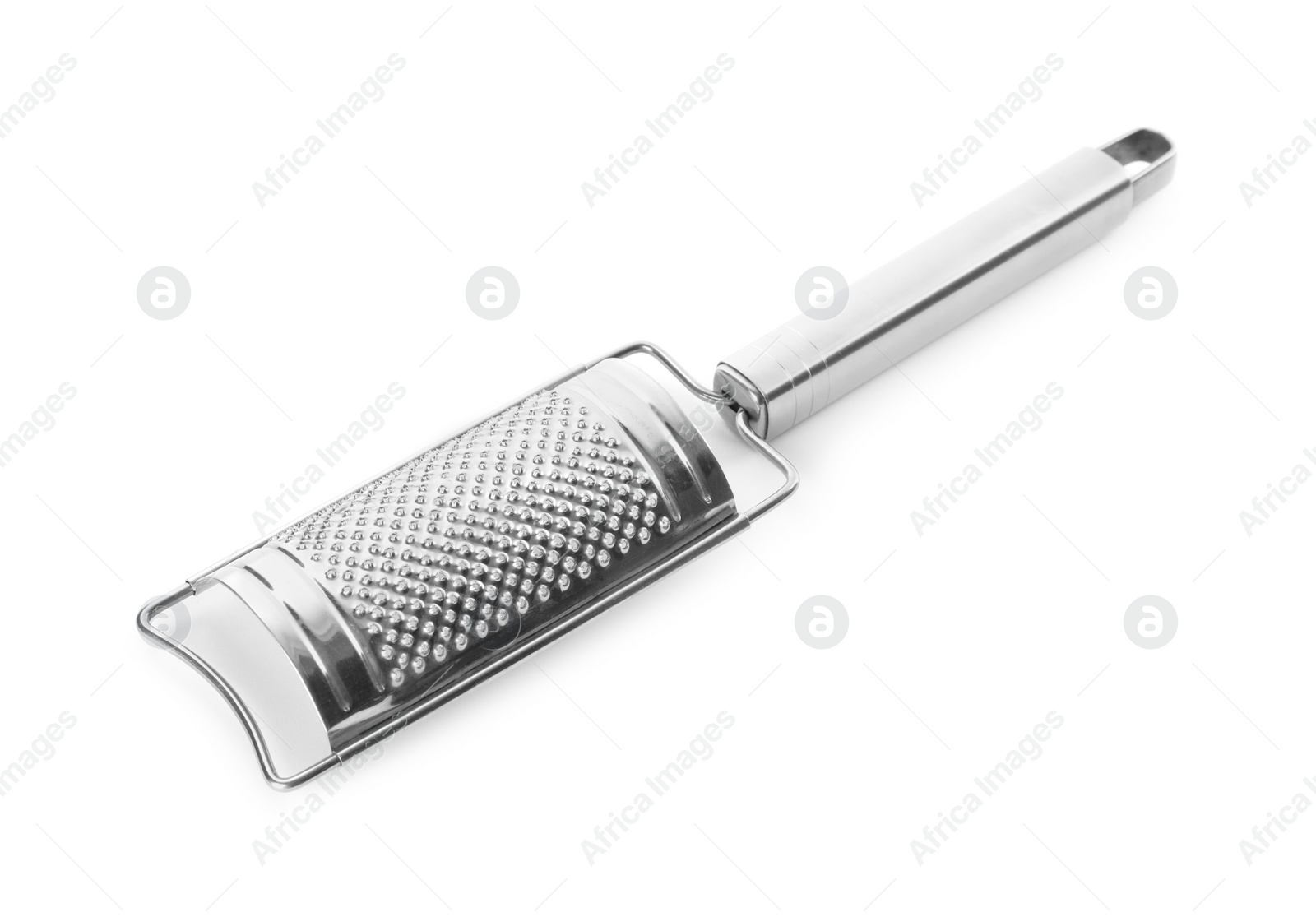 Photo of Modern stainless grater isolated on white. Cooking utensil