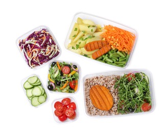 Plastic containers with fresh food on white background, top view