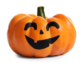 Photo of Halloween pumpkin with cute drawn face isolated on white