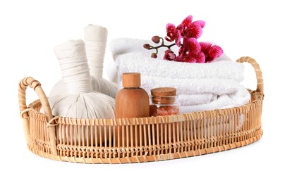 Photo of Beautiful composition with different spa products and flowers on white background