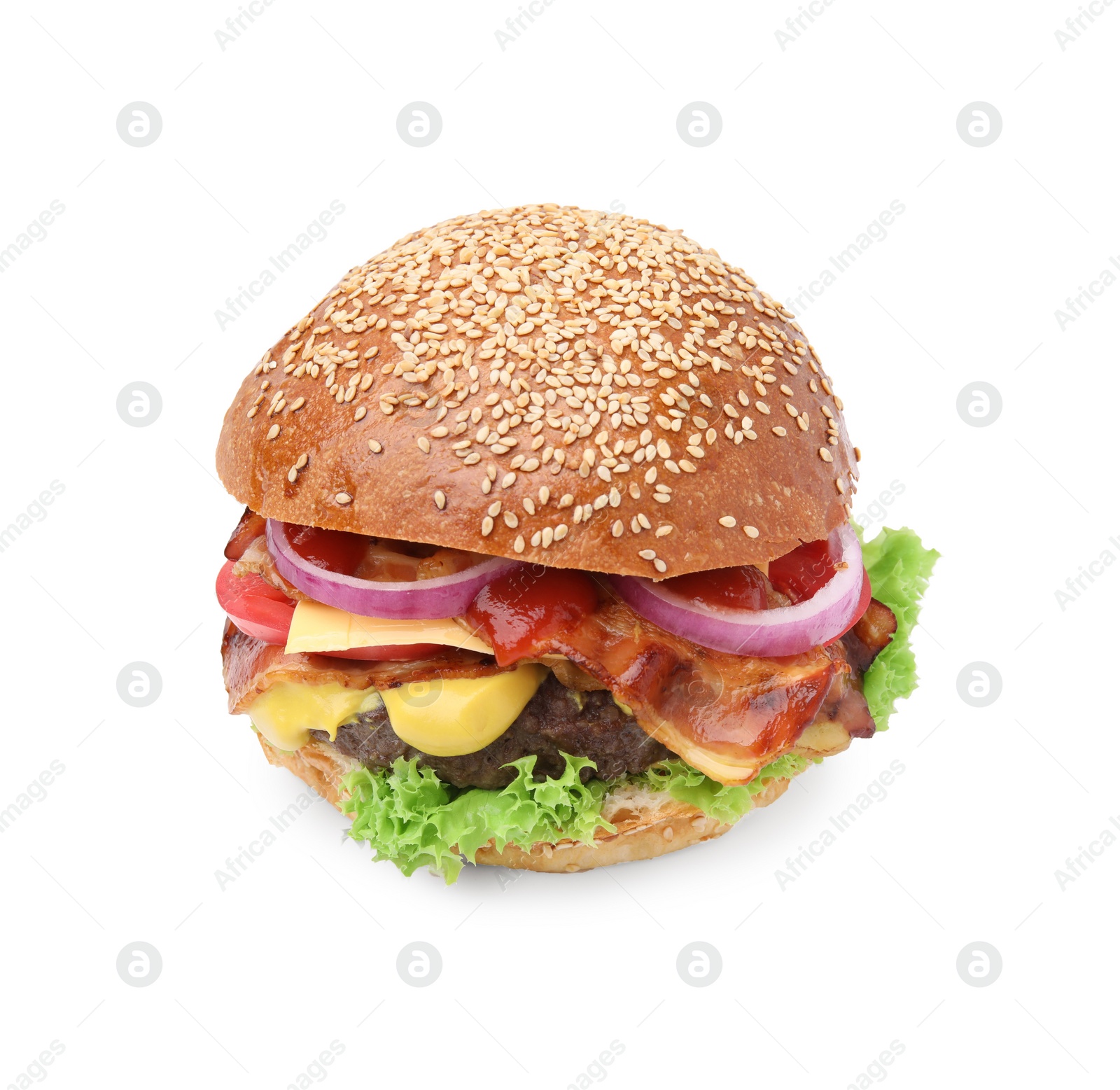 Photo of Delicious burger with bacon, patty and vegetables isolated on white