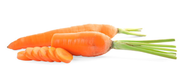 Photo of Whole and sliced ripe carrots isolated on white