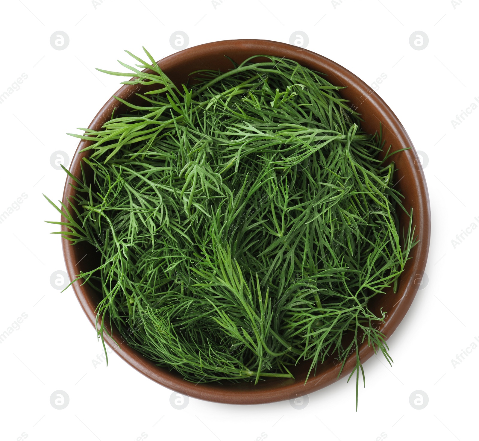 Photo of Fresh dill in bowl isolated on white, top view