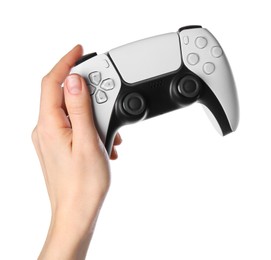 Photo of Woman holding game controller on white background, closeup
