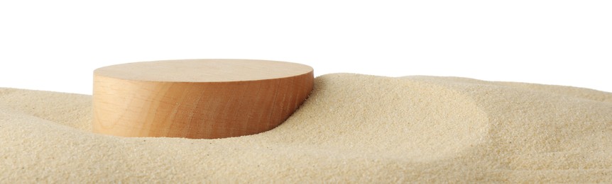Photo of Presentation of product. Wooden podium on sand against white background. Space for text
