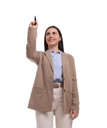 Photo of Beautiful businesswoman with marker on white background, low angle view