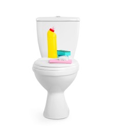 Photo of Toilet bowl and cleaning supplies on white background