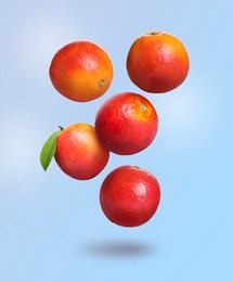 Image of Many tasty Sicilian oranges falling on pale light blue background