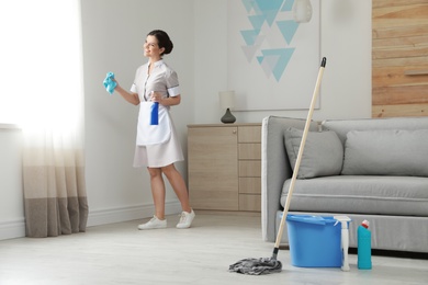 Photo of Young maid with rag and detergent in hotel room