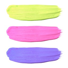Image of Paint strokes of different colors on white background, top view