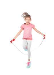 Photo of Full length portrait of girl jumping rope on white background