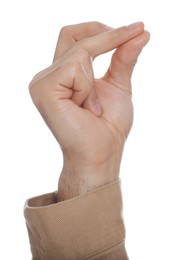 Photo of Man snapping fingers on white background, closeup of hand