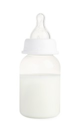 Photo of One feeding bottle with infant formula on white background
