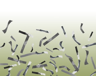 Image of Shiny silver confetti falling on gradient green background