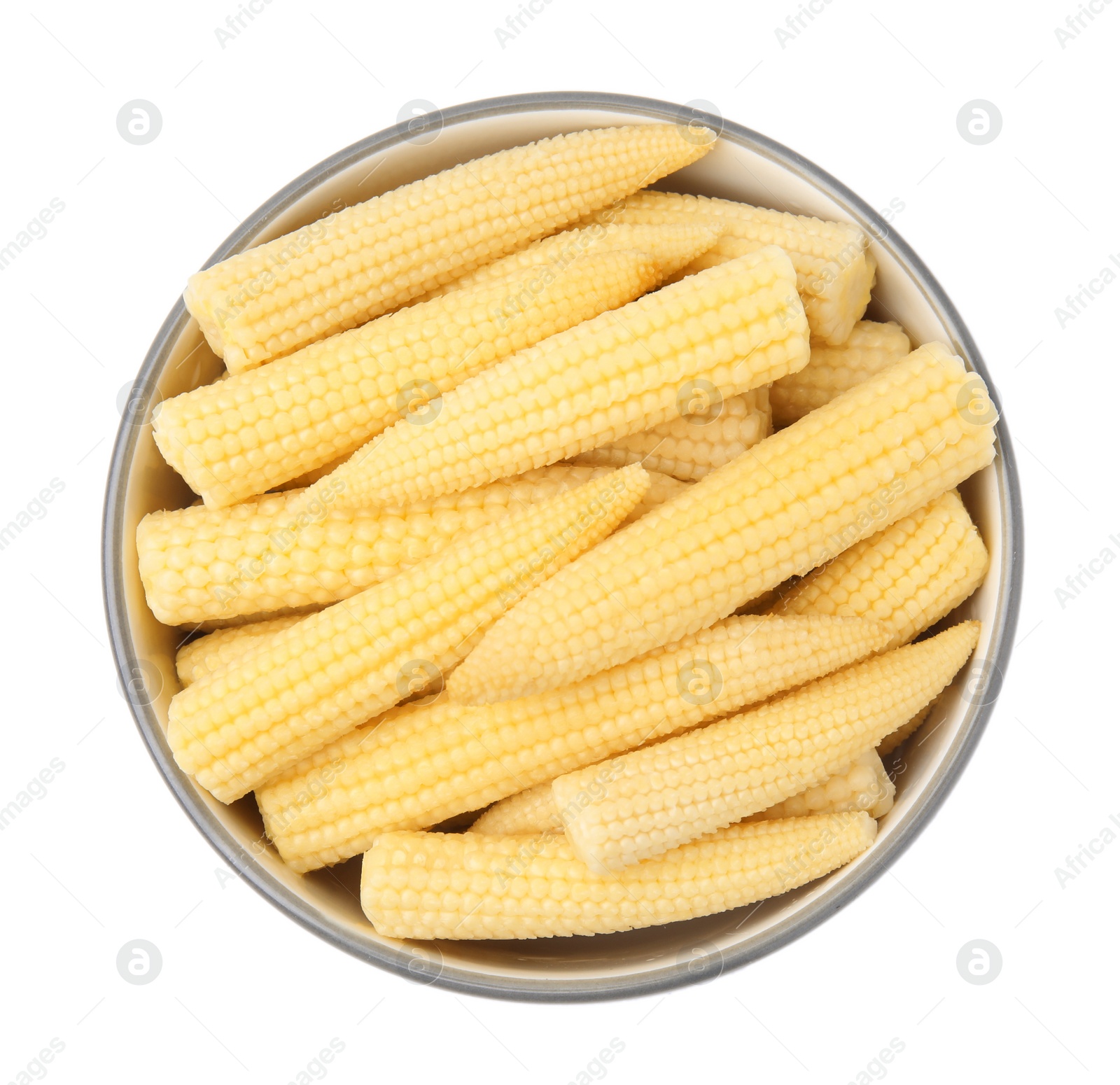 Photo of Bowl of pickled baby corn isolated on white, top view